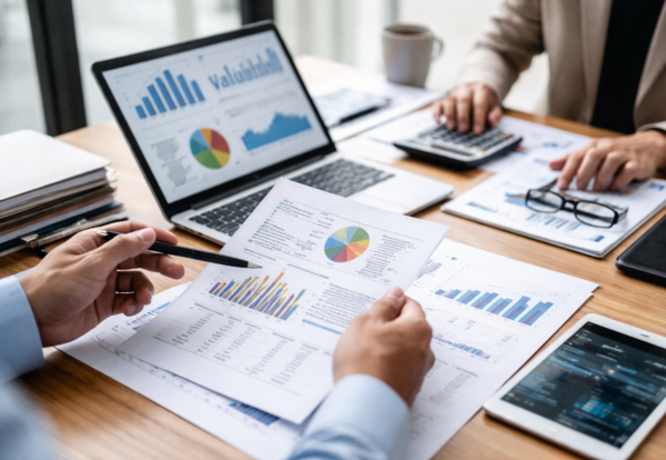 Business professionals reviewing financial documents