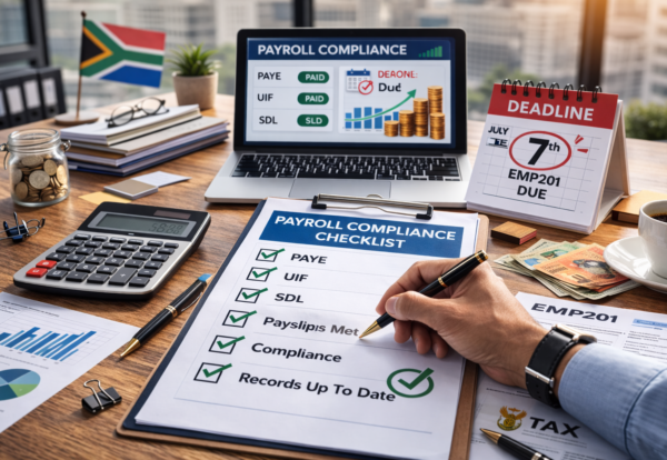 Payroll compliance tools on wooden desk